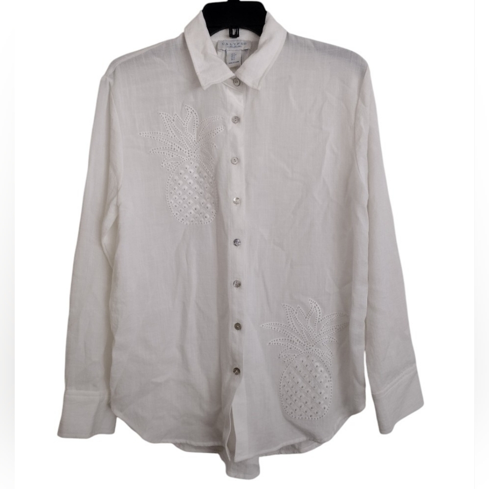 Calypso St. Barth White Pineapple Cutout Eyelet Rayon Shirt Size Small